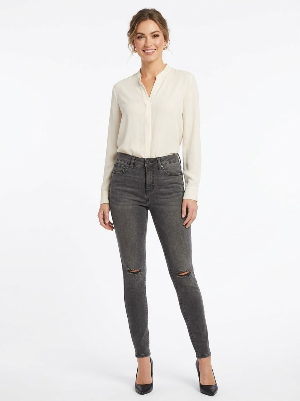 Seven7 gray distressed high rise skinny jeans size 4